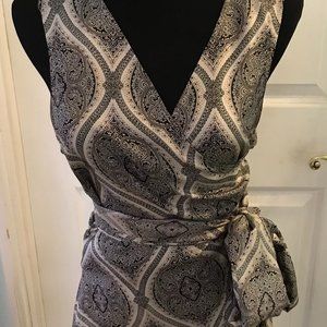 Ann Taylor- 100% Silk Black and Silver Wrap Blouse, Size 12, Beautiful Condition